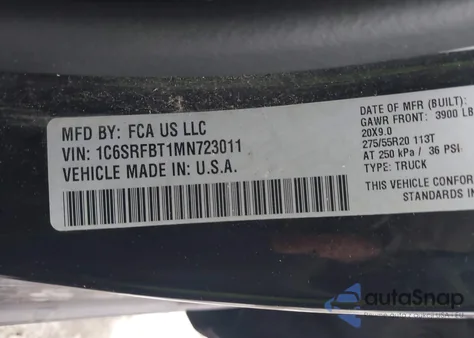 2021 Ram 1500 Big Horn 4X4 6'4 Box z USA, uszkodzony, nr VIN 1C6SRFBT1MN723011